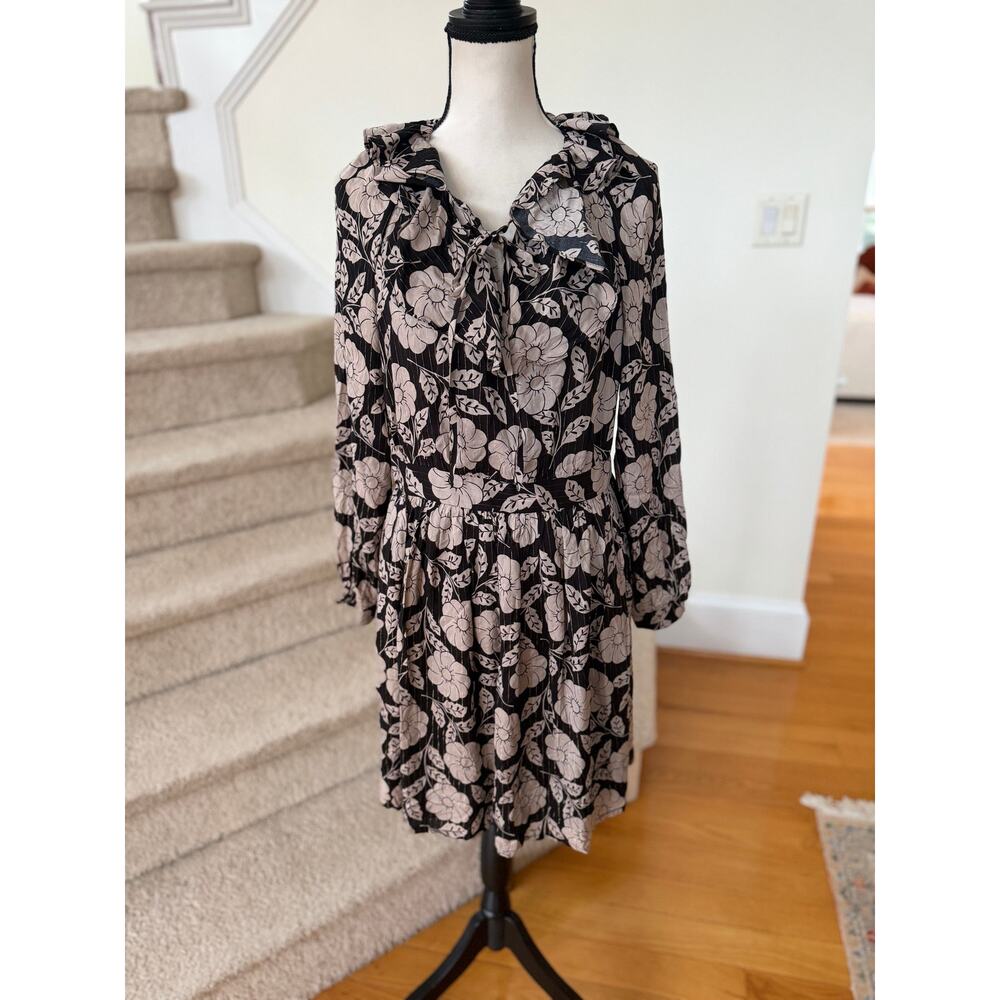Boden Black & Grey Floral Metallic Stripe Ruffle Blouson Knee Length Dress
